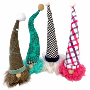 Set of 4 Handmade Gnomes Pom Pom Fur Fabric Upcycled Standing Handmade